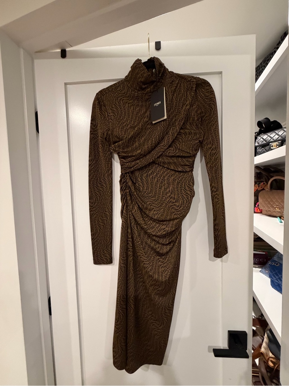 Fendi Dark Brown Long-Sleeve Ruched Turtleneck Dress